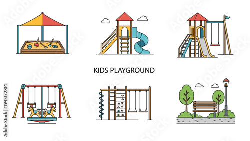 Kids playground equipment set including sandbox, slides, swings, jungle gym, and park bench with green trees illustration.