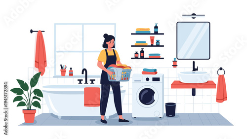 Woman in black apron holds laundry basket with colorful clothes while standing in modern bathroom with tub and washing machine.