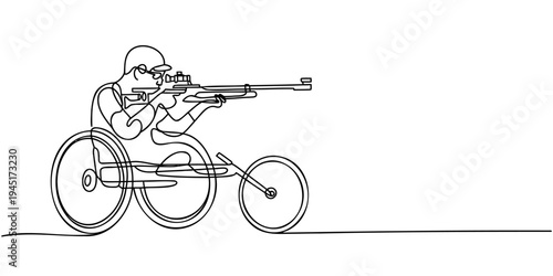 Continuous one line biathlon athlete aiming rifle minimal sport illustration