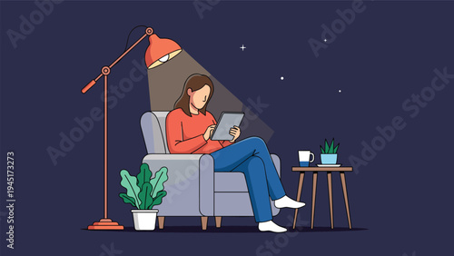 Woman relaxes in a comfortable armchair at night while using a tablet computer under the warm light of a floor lamp in a dark room.