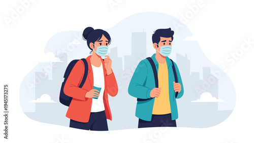Concerned man and woman wear protective face masks while walking through a hazy urban city environment representing air pollution.