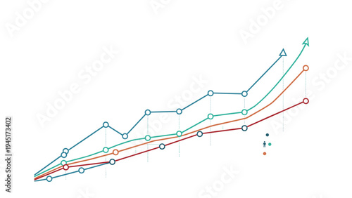 Set of multiple rising line graphs with different colors shows positive growth trends and financial performance over a period of time.