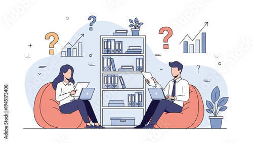 Team members work together on laptops while sitting in comfortable bean bag chairs in a modern office with bookshelves and charts.