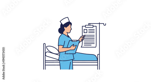 Nurse sitting beside hospital bed checking medical records.