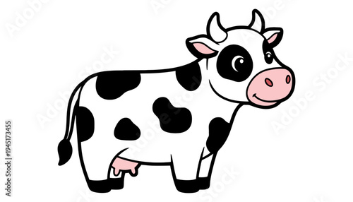A cow cartoon illustration with black and white spots and pink nose