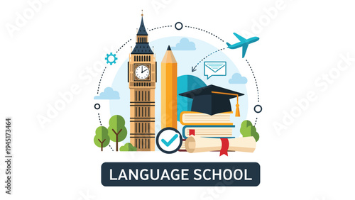Educational language school infographic features famous London landmarks, books, and study icons to promote learning English abroad.