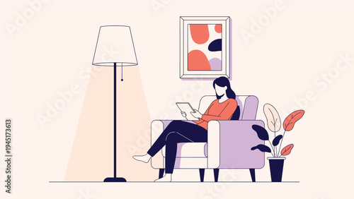 Woman sits comfortably in an armchair in a modern living room while reading a digital tablet computer under the light of a floor lamp.