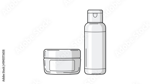 Pair of cosmetic product containers including a white cream jar and a tall lotion bottle are presented as a simple skin care set.