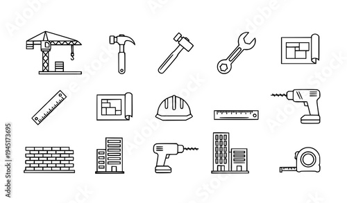 Minimal Architecture Construction and Engineering Tools Vector Icons