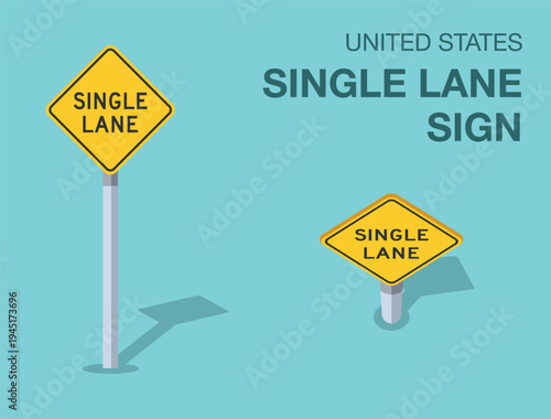 Traffic regulation rules. Isolated United States "single lane" road sign. Front and top view. Flat vector illustration template.