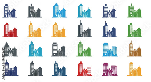 Colorful city skylines and buildings icons.