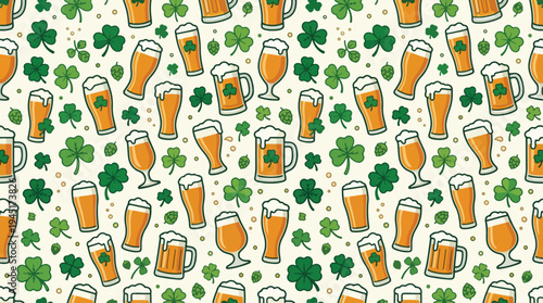 A vibrant seamless pattern featuring golden horseshoes and green shamrocks on a deep green background, perfect for adding a touch of luck to festive designs and holiday projects