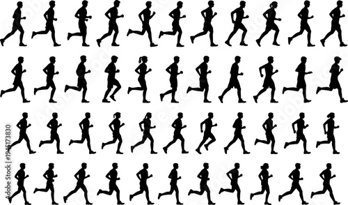 Set of Running People Silhouette Jogging Athlete Motion 