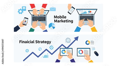 Two horizontal banners displaying mobile marketing activities with gadgets and financial strategy development with statistical growth charts.