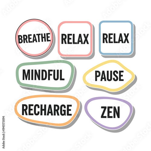 Collection of mindfulness stickers with words like breathe relax mindful pause recharge and zen