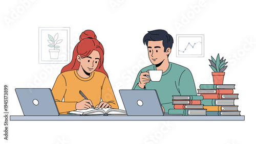 Two students working together on a desk with laptops and stacks of books while drinking coffee and taking notes in a clean modern setting.