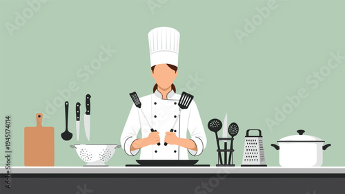 Female chef in a professional white uniform standing in a kitchen with various cooking utensils and equipment.