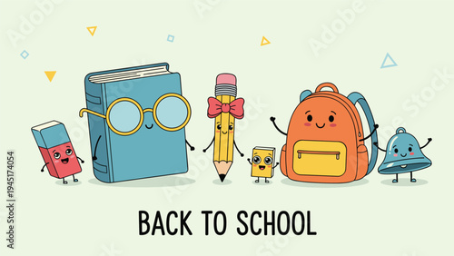 Cheerful back to school banner featuring cute cartoon school supplies like a book, pencil, and backpack with faces.