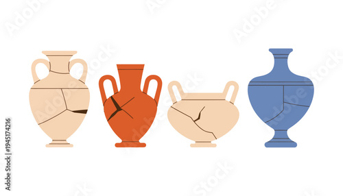 Vase vector illustration of ancient broken pottery in various colors