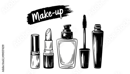 Makeup illustration with various beauty products and black brush stroke