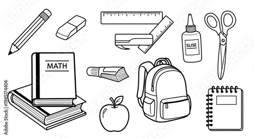 Back to School Stationery Icons Set - Black and White Vector Line Art