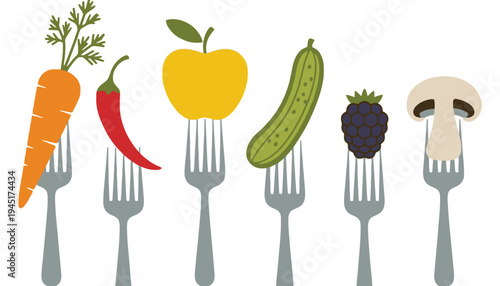 Fork food icons with various fruits and vegetables on white