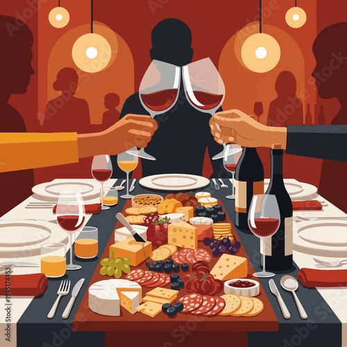 People clinking wine glasses over a lavish charcuterie board at a dinner party.