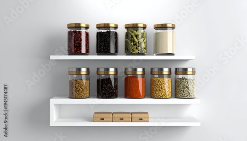 Organized spice jars on white shelves, showcasing various ingredients against a plain backdrop