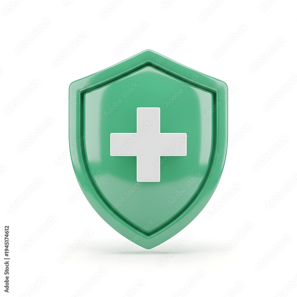 Fototapeta premium 3D green shield with a white plus sign icon.