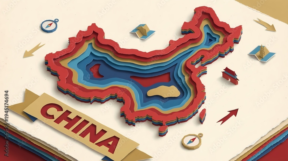 Obraz premium China Map Paper Cut Illustration with Topographic Layers Travel and Geography Concept