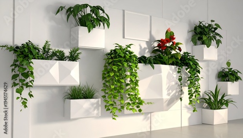 Modern white wall with various geometric planters, filled with diverse green plants