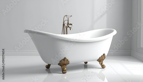 Elegant white clawfoot bathtub with golden accents and ornate faucet in a minimalist bathroom