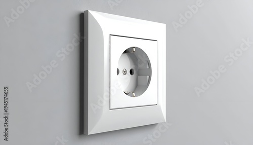 Close-up of a white, recessed electrical outlet on a smooth, grey wall