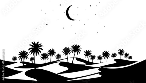 A black silhouette of palm trees in a desert landscape under a crescent moon