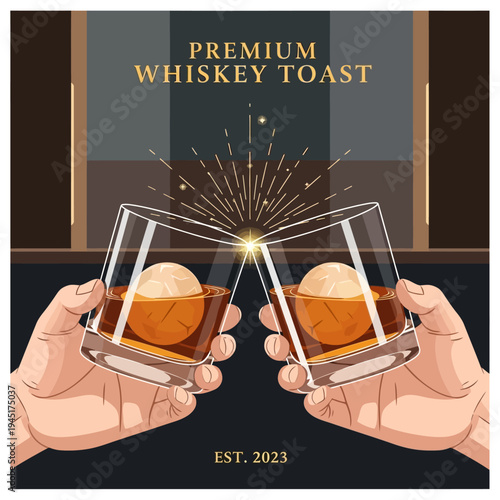 Premium Whiskey Toast: Two Hands Clinking Glasses with Large Ice Spheres, Celebration, Est. 2023