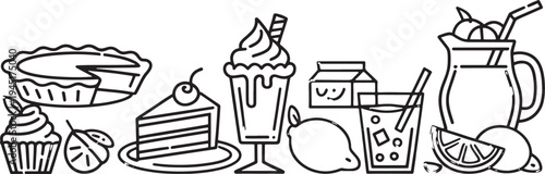 Sweet treats and refreshing drinks vector line art - desserts and beverages collection with ice cream with black and white