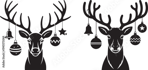 Black and white silhouette deer head with hanging christmas ornaments with new year