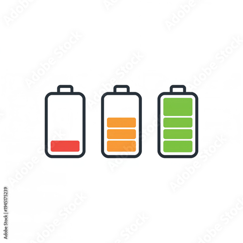 Battery life indicator icons showing different levels of charge from low red to medium orange to full green battery symbols, representing power status for devices and energy