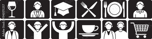 Collection of diverse icons on black background for events and activities with wine glass with graduation cap with shopping cart