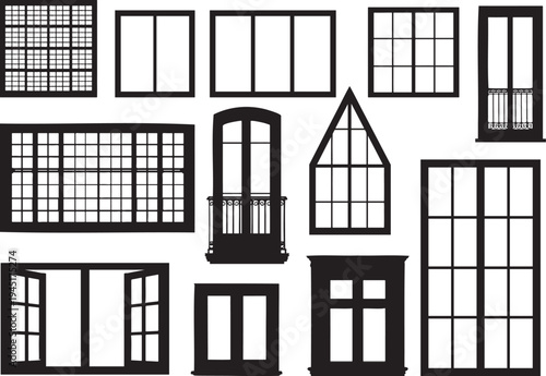 Collection of various black window frames and architectural elements