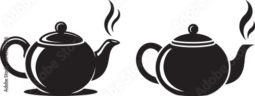 Black and white steaming teapot icons for hot beverages