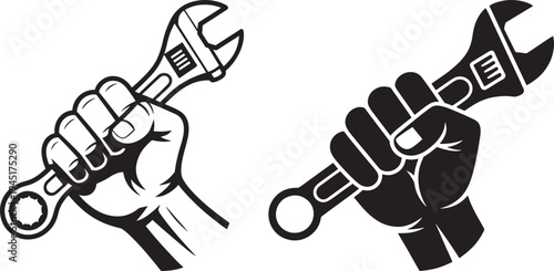 Hand holding adjustable wrench, black and white graphic illustration