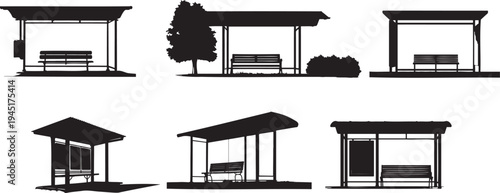 Various bus stop shelters with benches and advertising space
