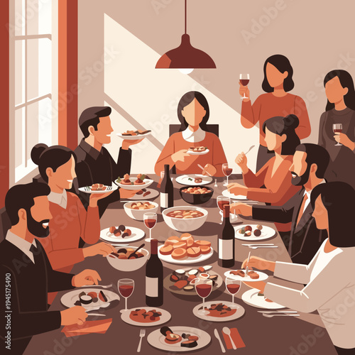Family Gathering: Festive Dinner Party with Diverse People Enjoying Food and Wine