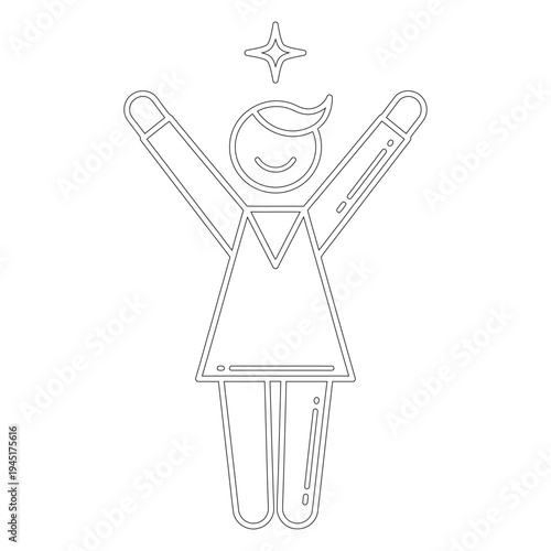 Minimal line smiling woman with arms raised and star above head line minimal
