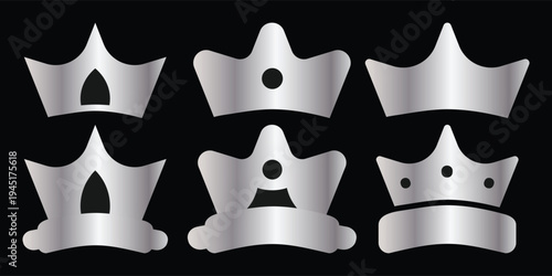 Silver crown icons set, metallic royal headwear vector for logo and awards
