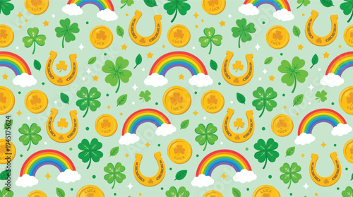 Festive St. Patrick's Day seamless pattern featuring lucky shamrocks, golden coins, colorful rainbows, and horseshoes on a vibrant green background, perfect for Irish themes