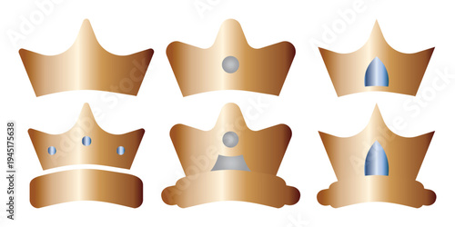 Set of crown in realistic design, golden royal jewelry symbol of king queen and princess, isolated icons. Sign of crowning prince authority. Crown jewels symbol of emperor, coronet sign