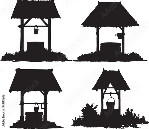 Collection of village wells with thatched roofs and buckets, showcasing rural life