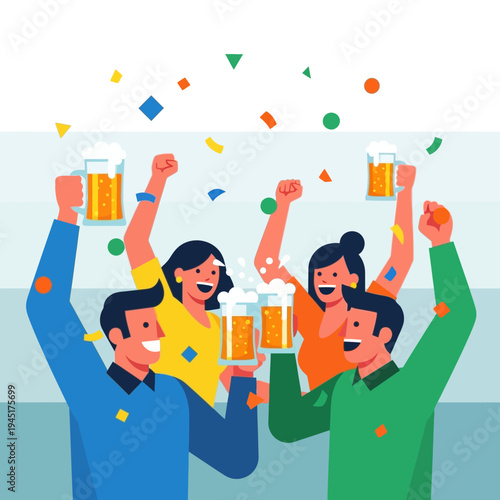 Friends celebrating with beer and confetti, toasting joyfully